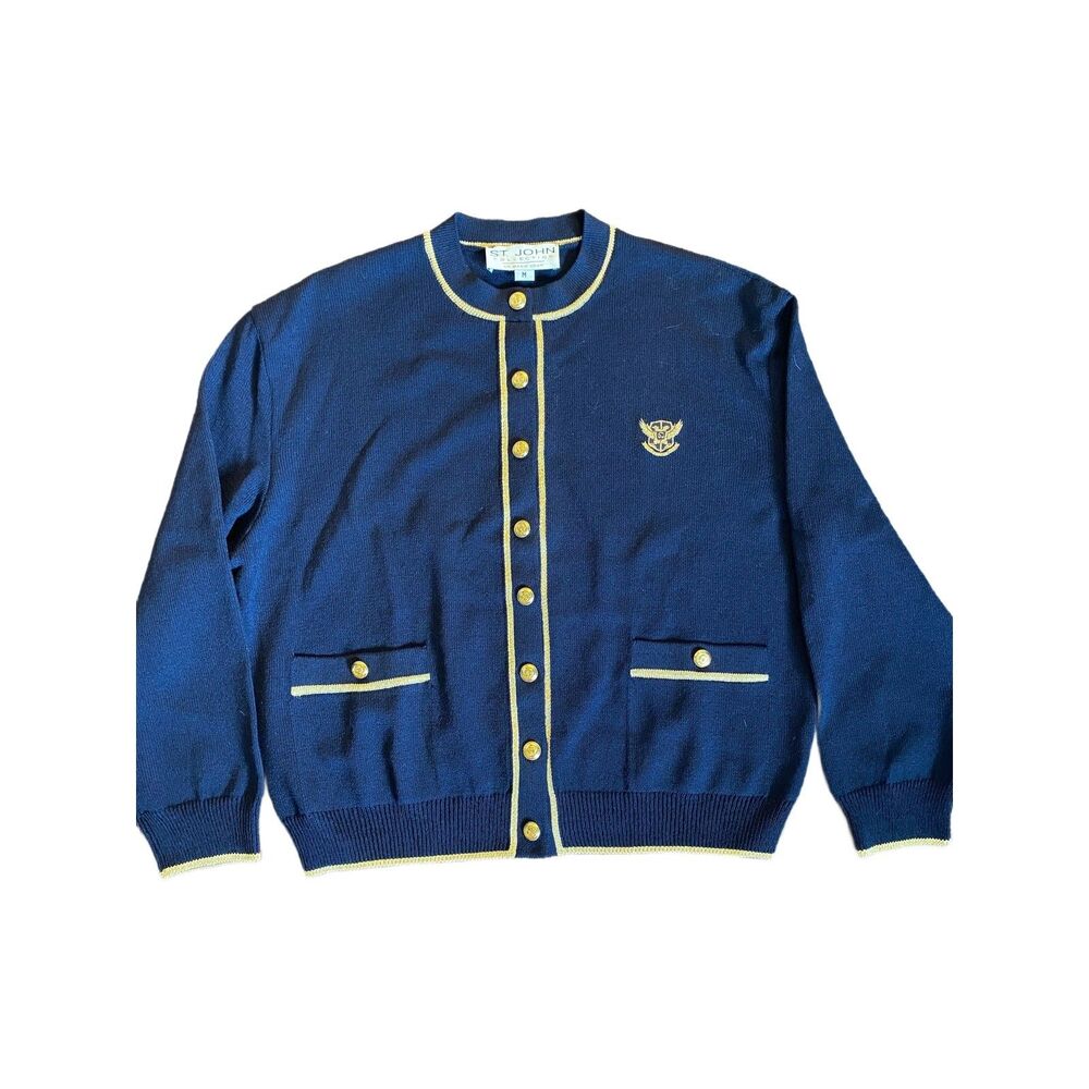 St. John Collection Knit Cardigan Jacket Blue Gold Preppy Designer Academia